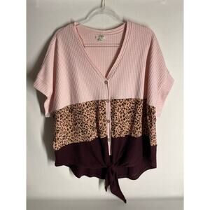 Umgee Color block Waffle Tie Front Short Sleeve Button Down Leopard Pink Large